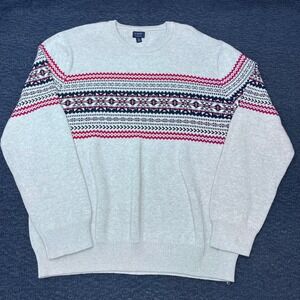 J.Crew Mens XL Fair Isle Cotton Crewneck Sweater Gray Red Blue Knit Pullover